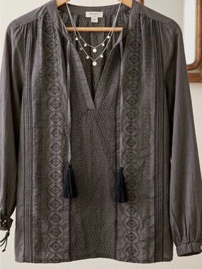 Dylan by True Grit cotton/silk embroidered blouse peasant top small